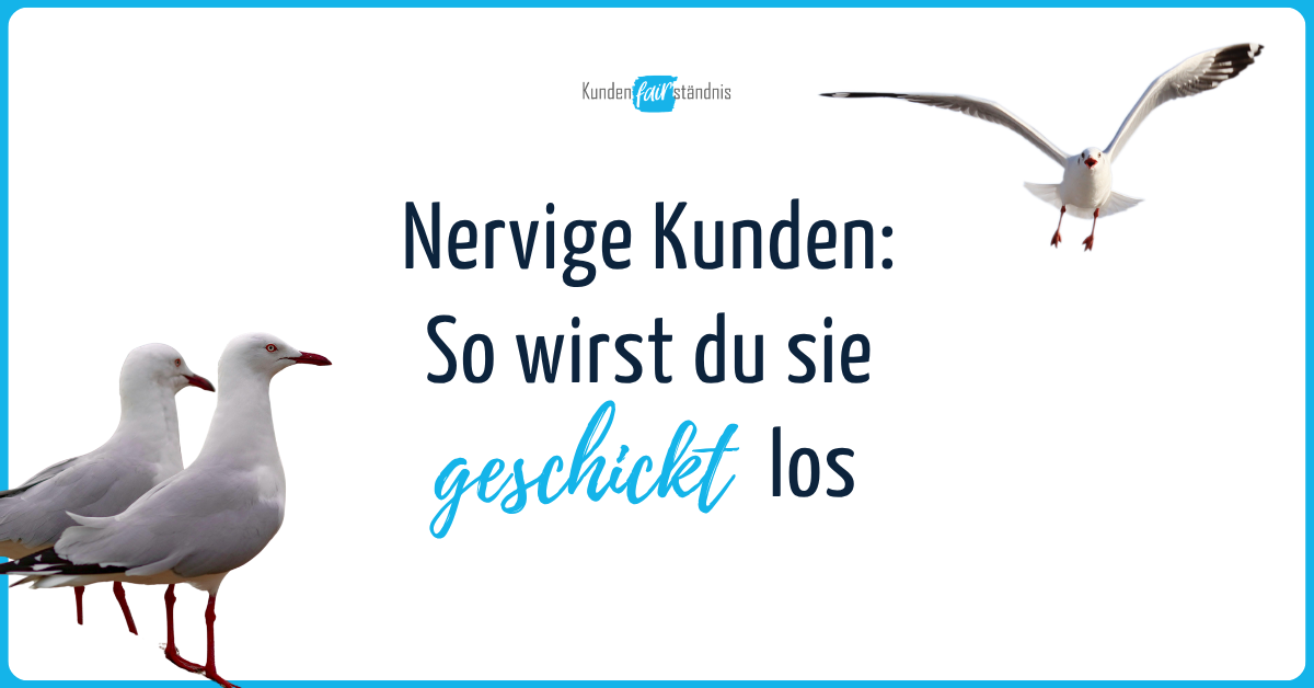 Grafik mit zwei Möwen links und einer fliegenden Möwe rechts. Text: "Nervige Kunden: So wirst du sie geschickt los"